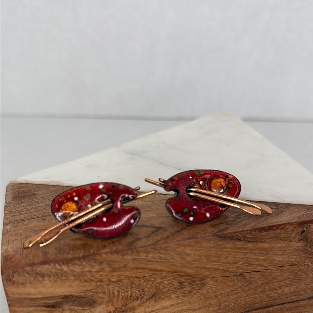 Rare Vintage Matisse Artistic Red Palette Copper Clip-On Earrings Lot E23